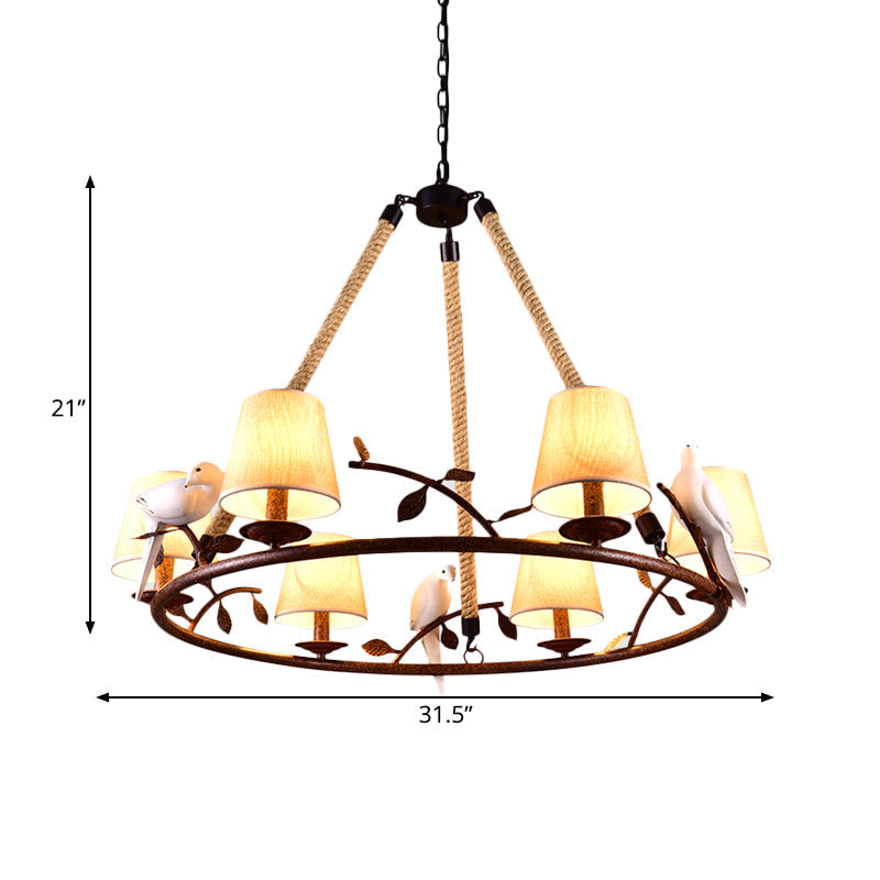Traditional Beige Chandelier with 6 Lights and Cone Shade - Fabric Wagon Wheel Pendant Lamp