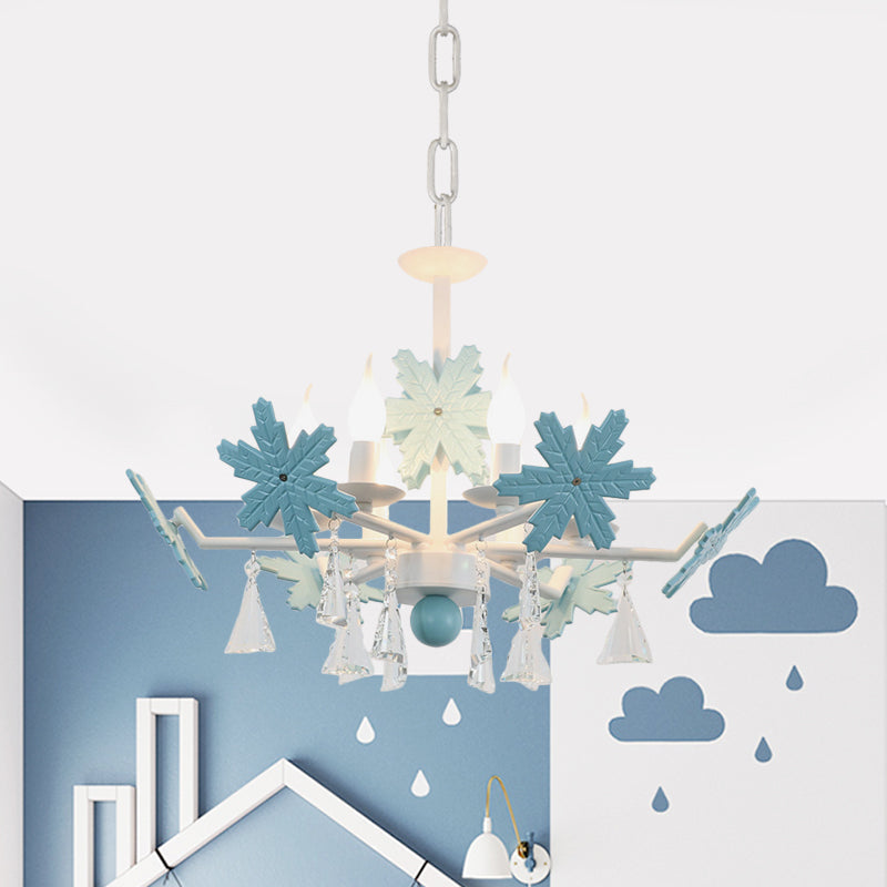 Kids Clear Glass Candle Chandelier: 3/6 Lights Gray/White Pendant Lamp with K9 Crystal & Snowflake Deco