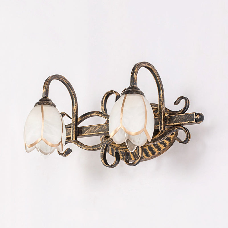 Traditional Antique Brass Vanity Light with Frosted Glass and Floral Design - 2/3 Lights