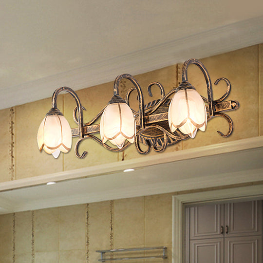 Traditional Antique Brass Vanity Light with Frosted Glass and Floral Design - 2/3 Lights