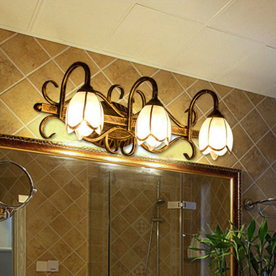 Traditional Antique Brass Vanity Light with Frosted Glass and Floral Design - 2/3 Lights