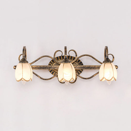 Traditional Antique Brass Vanity Light with Frosted Glass and Floral Design - 2/3 Lights