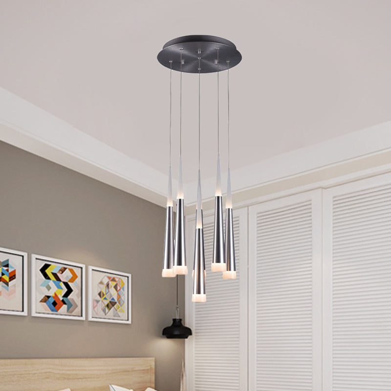 Modern Metal Tapered Hanging Lamp with Silver Pendant Light - 5/6 Heads for Dining Room in Warm/White/Neutral