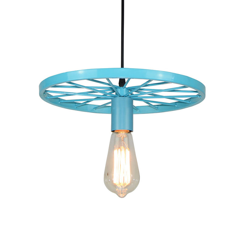 Vintage Wheel Decorated Bare Bulb Ceiling Light in Blue/Yellow: Wrought Iron Pendant Lamp