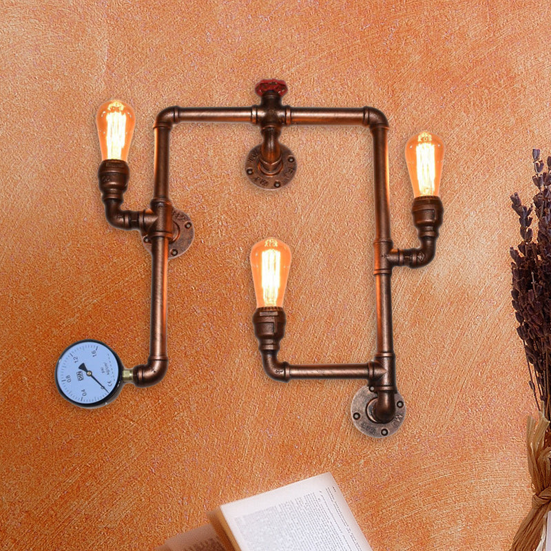 Industrial Copper Finish 3-Head Iron Sconce Light - Twisted Living Room Wall Mount Pipe Lamp with Gauge Décor