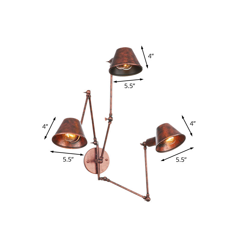 Industrial Rust Swing Arm Wall Sconce with Cone Shade - Pack of 2/3 Bulbs