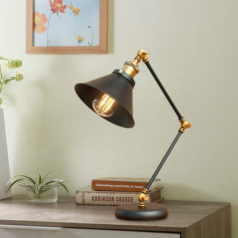 Modern Black/Gold Swing Arm Desk Lamp - Farmhouse Metallic Nightstand Light with Flared Shade
