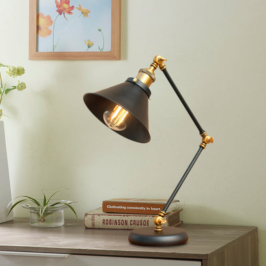 Modern Black/Gold Swing Arm Desk Lamp - Farmhouse Metallic Nightstand Light with Flared Shade