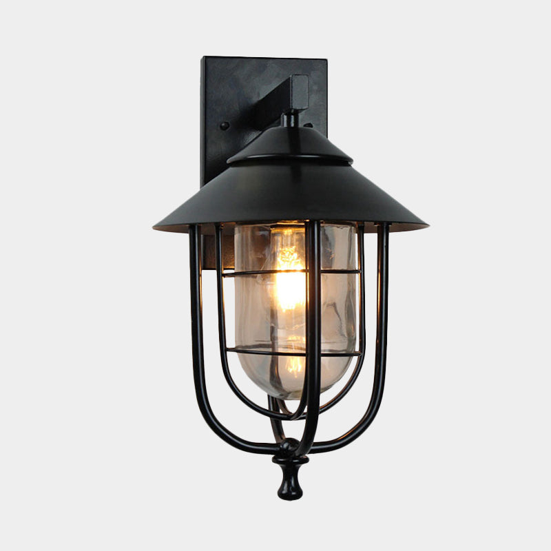 Vintage Metal Wall Mounted Sconce with Clear Glass Shade - Wire Cage Outdoor Lamp, Black Finish