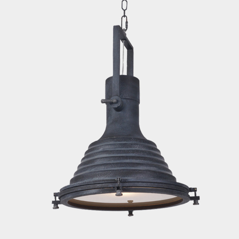 Modern Industrial Ribbed Conical Pendant Light with Metallic Finish in Black