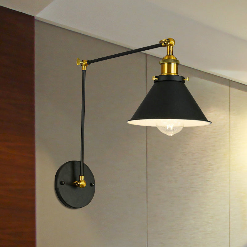 Vintage Cone Metal Wall Sconce with Swing Arm - 1 Bulb Restaurant Lighting Fixture in Black