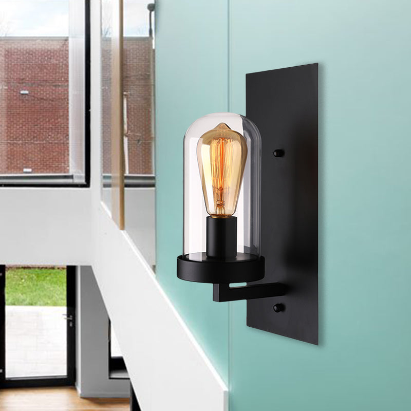 Industrial Rustic Wall Sconce with Clear Glass Shade and Black Frame