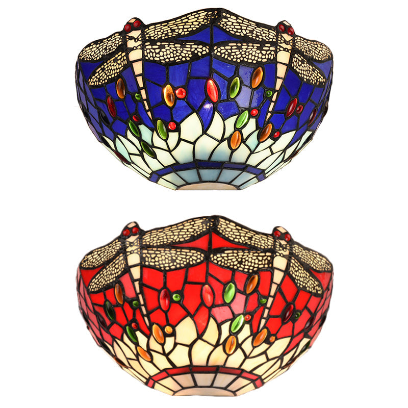 Dragonfly and Jewel Tiffany Half-Bowl Wall Light in Red/Blue - Perfect for Cafes