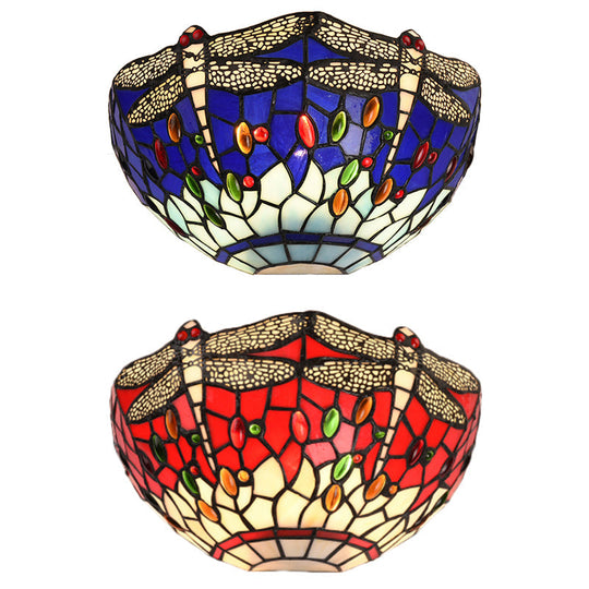 Dragonfly and Jewel Tiffany Half-Bowl Wall Light in Red/Blue - Perfect for Cafes