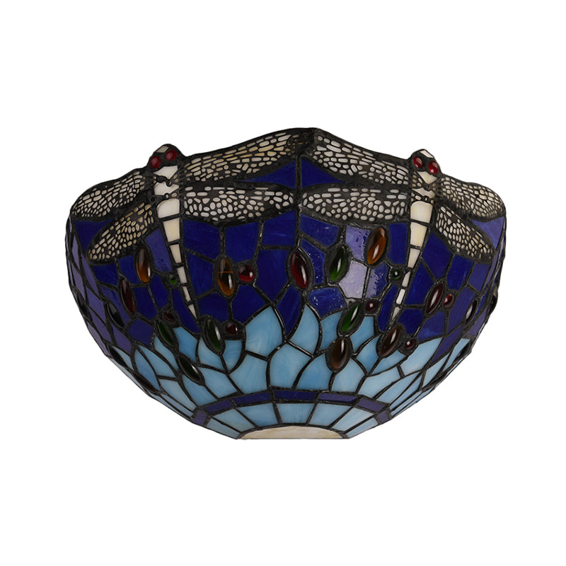 Dragonfly and Jewel Tiffany Half-Bowl Wall Light in Red/Blue - Perfect for Cafes