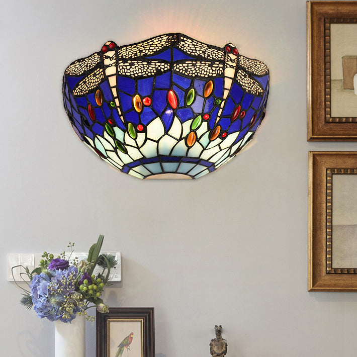 Dragonfly and Jewel Tiffany Half-Bowl Wall Light in Red/Blue - Perfect for Cafes