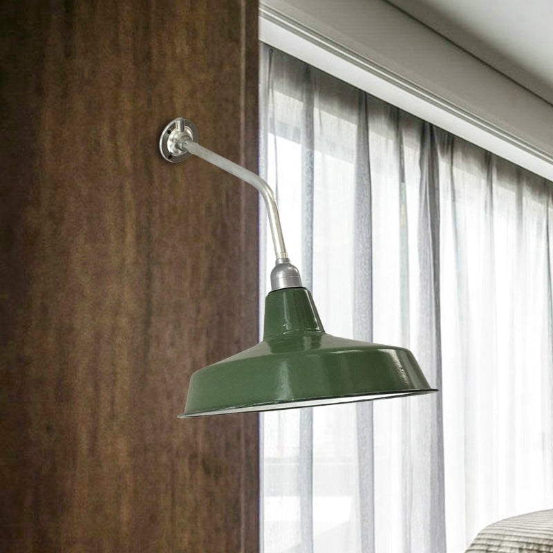 Outdoor Farmhouse Iron Wall Sconce with Bend Arm - 12"/14" Wide, Green Barn Finish, 1 Bulb