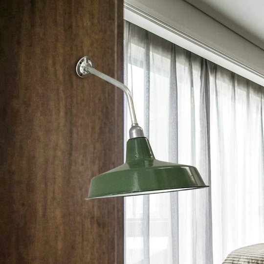 Outdoor Farmhouse Iron Wall Sconce with Bend Arm - 12"/14" Wide, Green Barn Finish, 1 Bulb