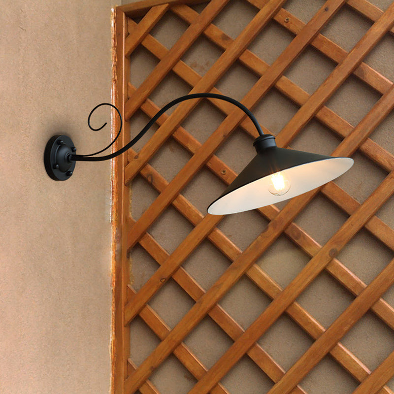 Flared Outdoor Wall Light - Antiqued 1-Light Metal Sconce Lamp with Curved Arm - Black/Black & White