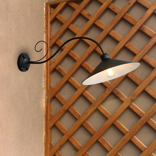 Flared Outdoor Wall Light - Antiqued 1-Light Metal Sconce Lamp with Curved Arm - Black/Black & White