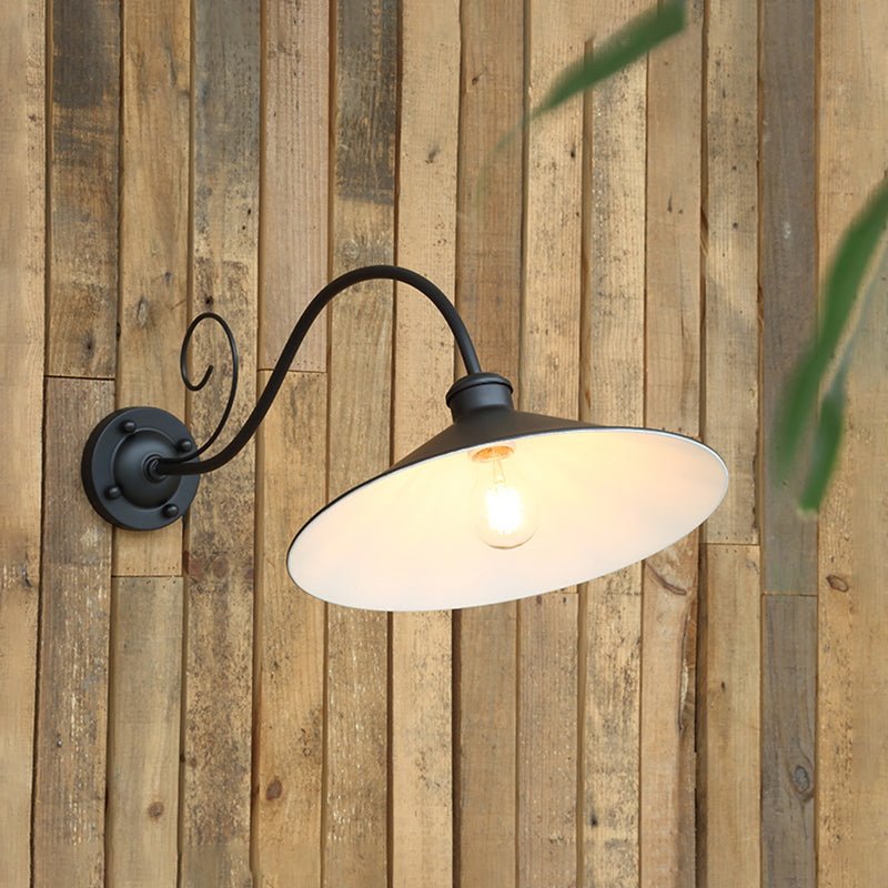Flared Outdoor Wall Light - Antiqued 1-Light Metal Sconce Lamp with Curved Arm - Black/Black & White