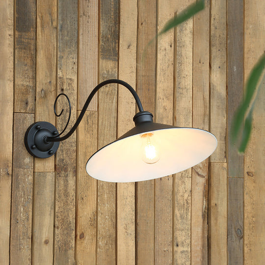 Flared Outdoor Wall Light - Antiqued 1-Light Metal Sconce Lamp with Curved Arm - Black/Black & White