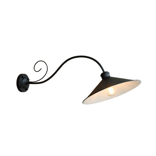Flared Outdoor Wall Light - Antiqued 1-Light Metal Sconce Lamp with Curved Arm - Black/Black & White