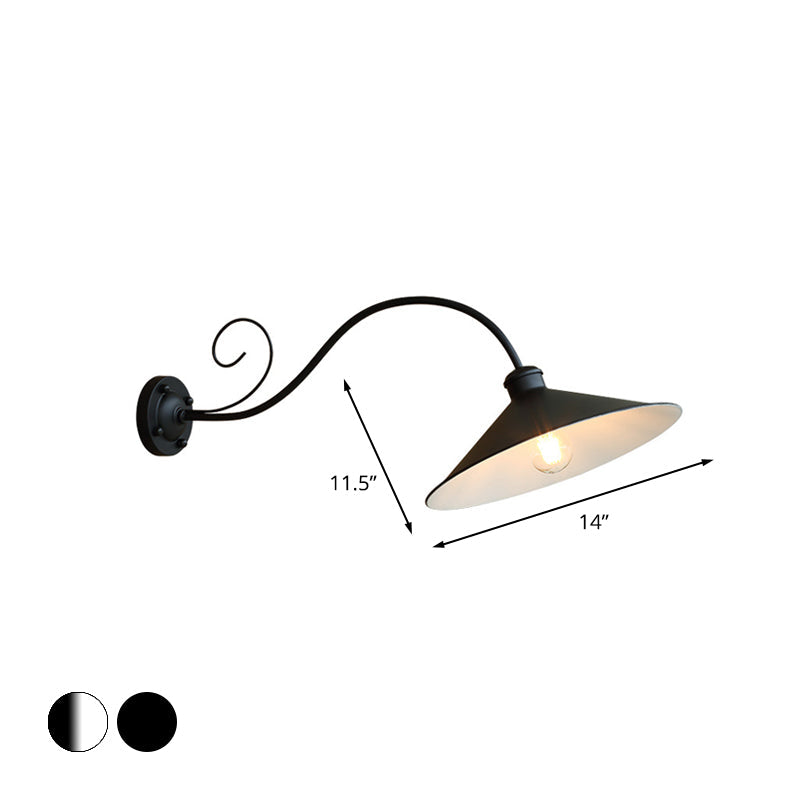 Flared Outdoor Wall Light - Antiqued 1-Light Metal Sconce Lamp with Curved Arm - Black/Black & White