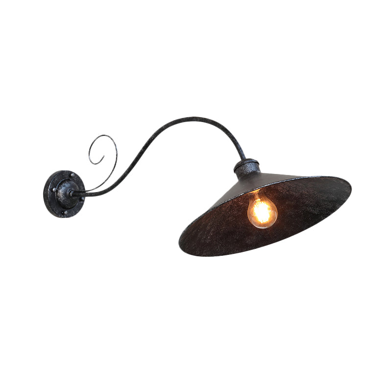 Flared Outdoor Wall Light - Antiqued 1-Light Metal Sconce Lamp with Curved Arm - Black/Black & White
