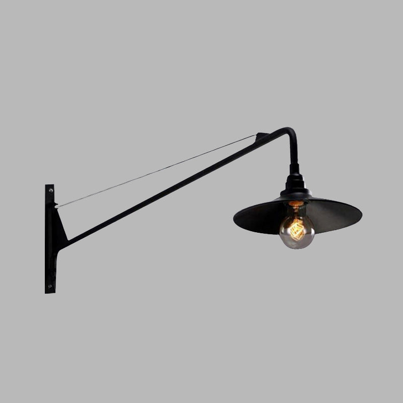 Metallic Wide Flared Wall Lamp: Antiqued 1 Light Coffee Shop Lighting in Black with Long Arm