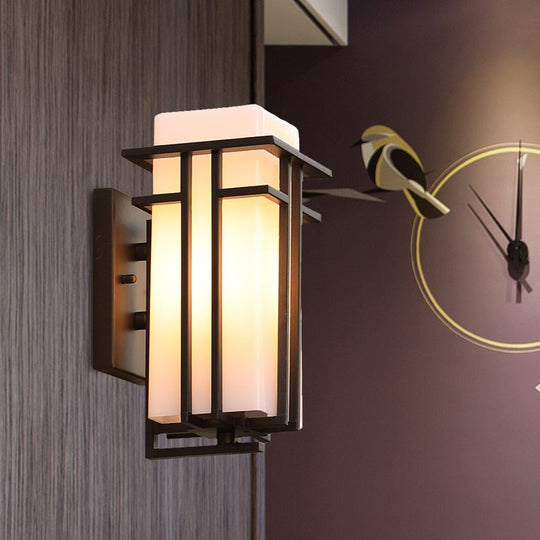 Country Style White Glass Wall Sconce with Black Metal Frame - 1 Head Outdoor Mount Light