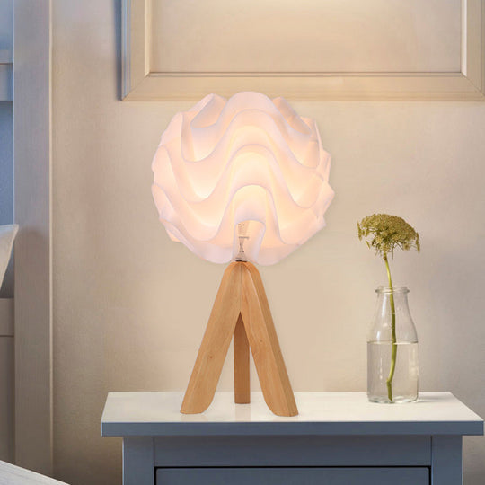 Modern Blossom LED Bedside Lamp with Wood Tripod - White Acrylic Desk Light