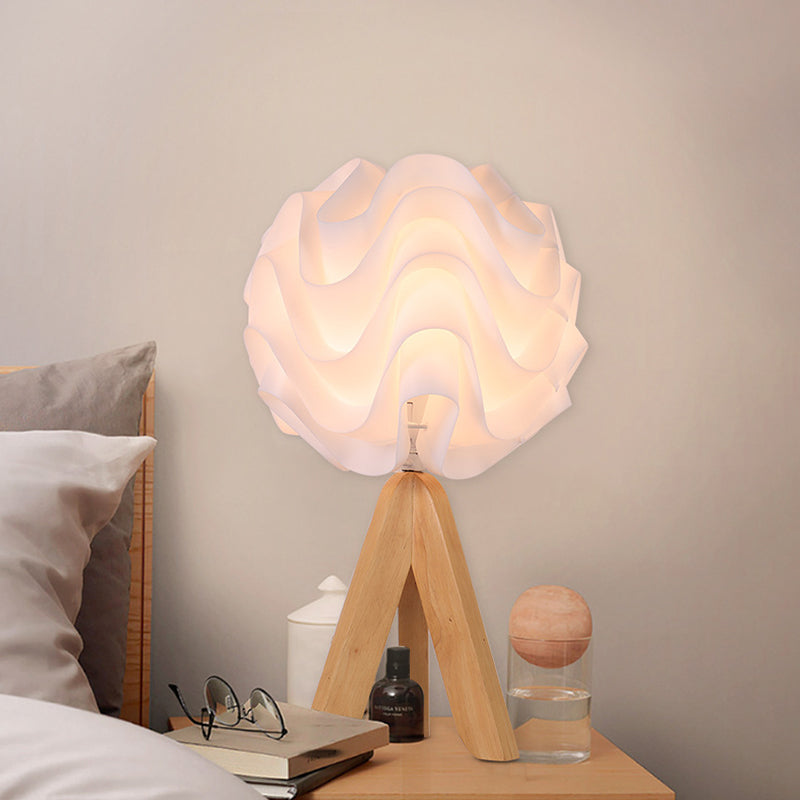 Modern Blossom LED Bedside Lamp with Wood Tripod - White Acrylic Desk Light
