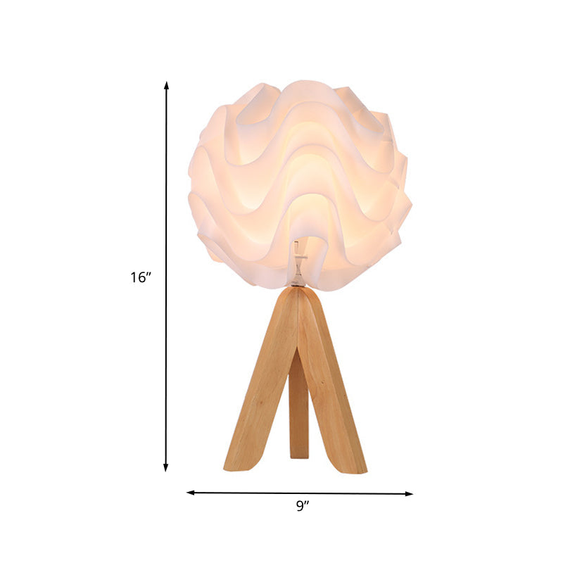 Modern Blossom LED Bedside Lamp with Wood Tripod - White Acrylic Desk Light
