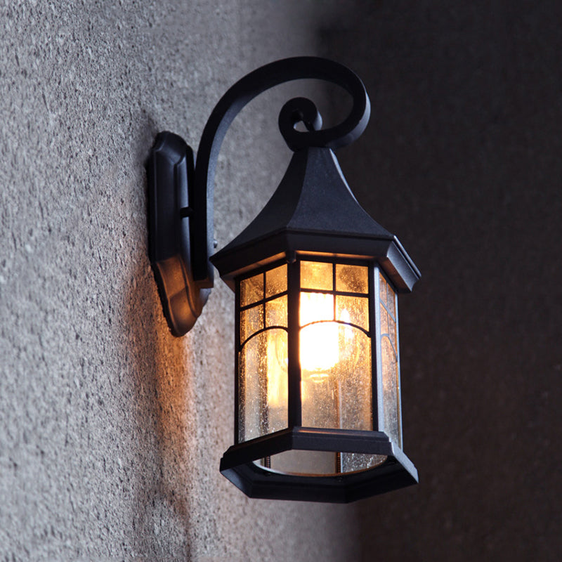 Rustic Seedy Glass Black Sconce Lantern: 1-Light Wall Lamp for Porch Garden