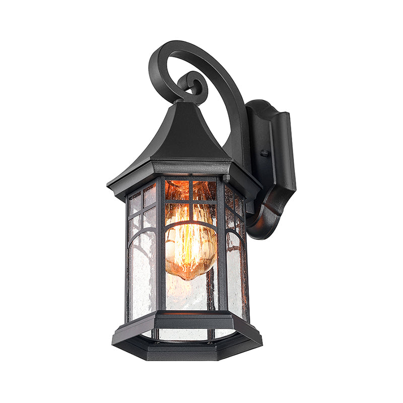 Rustic Seedy Glass Black Sconce Lantern: 1-Light Wall Lamp for Porch Garden