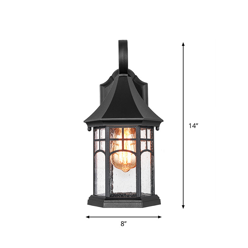 Rustic Seedy Glass Black Sconce Lantern: 1-Light Wall Lamp for Porch Garden