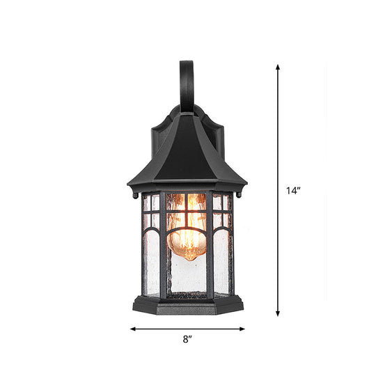 Rustic Seedy Glass Black Sconce Lantern: 1-Light Wall Lamp for Porch Garden