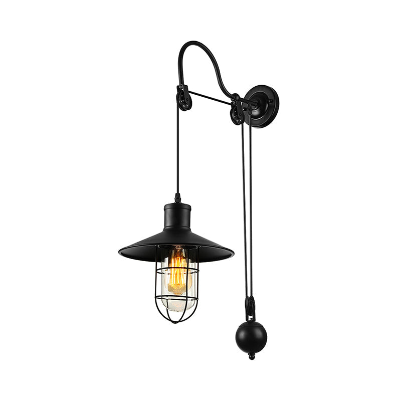 Industrial Sconce Light with Adjustable Pulley - Black Finish, Clear Glass, and Caged Design