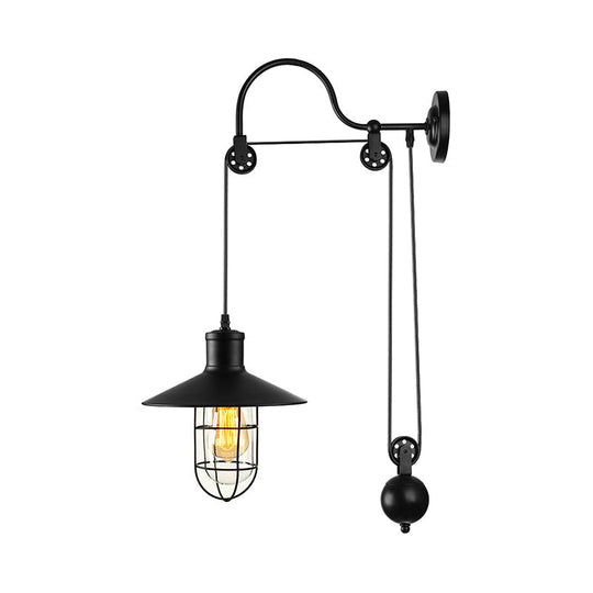 Industrial Sconce Light with Adjustable Pulley - Black Finish, Clear Glass, and Caged Design