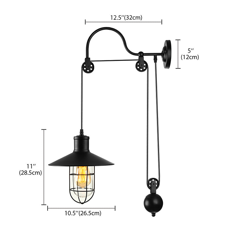 Industrial Sconce Light with Adjustable Pulley - Black Finish, Clear Glass, and Caged Design