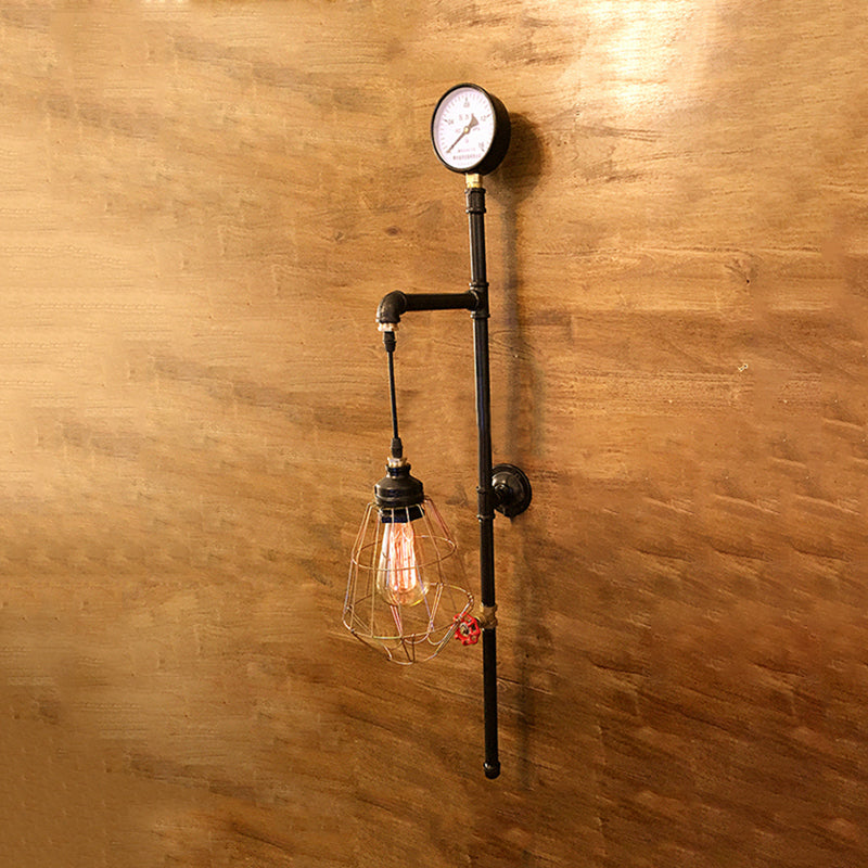 Vintage Brass Wall Sconce with Metal Diamond Cage and Pressure Gauge - 1 Bulb Fixture