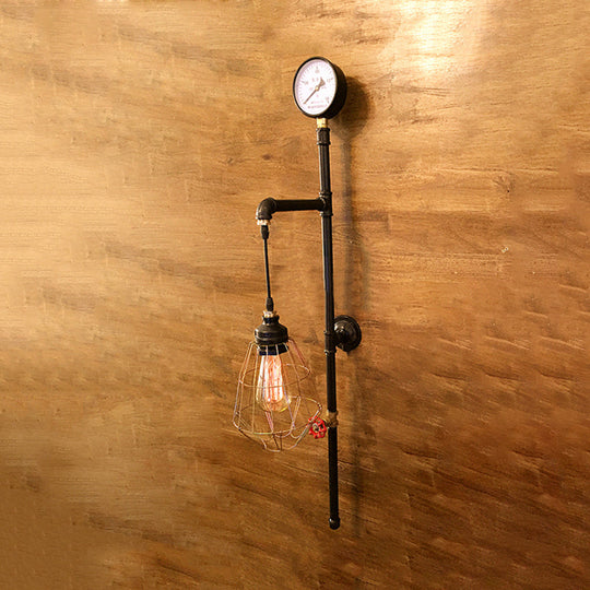 Vintage Brass Wall Sconce with Metal Diamond Cage and Pressure Gauge - 1 Bulb Fixture