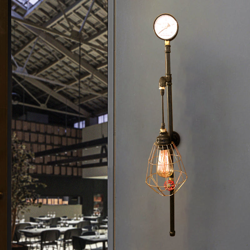 Vintage Brass Wall Sconce with Metal Diamond Cage and Pressure Gauge - 1 Bulb Fixture