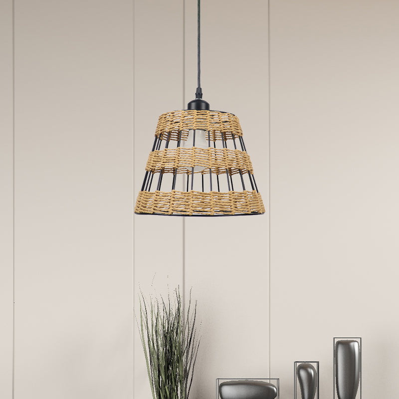 1/3-Head Asian Style Cone Hanging Pendant Lamp Metal and Rattan in Beige - for Restaurants