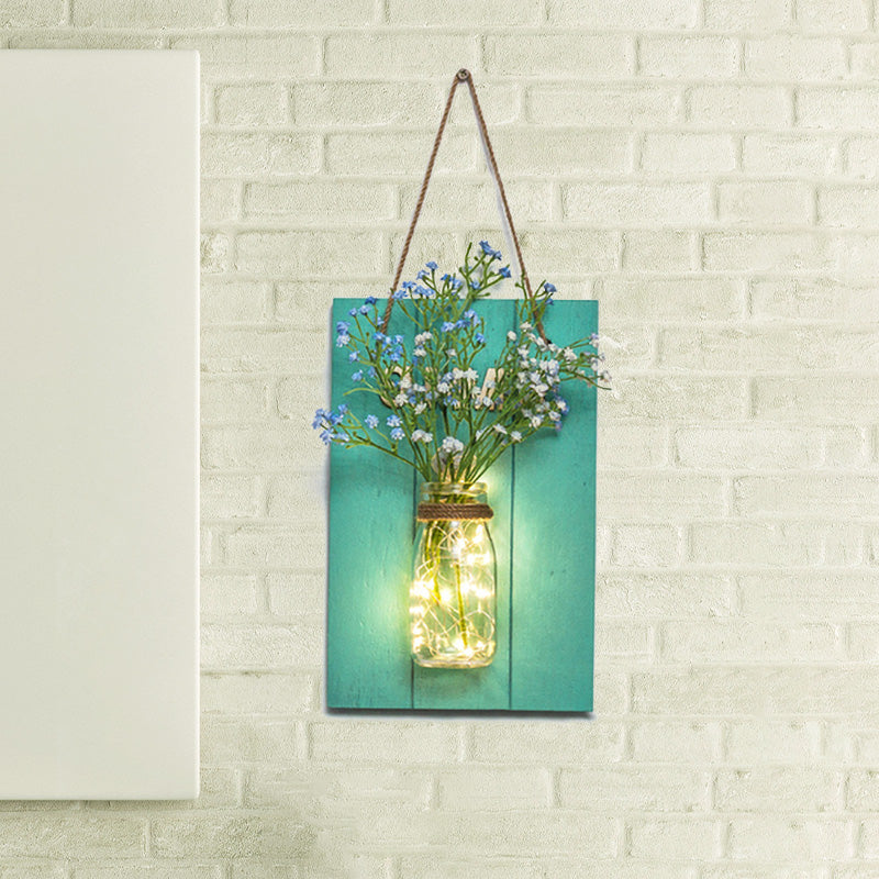 Blue Wood Backplate Modern Glass Jar Wall Light with Floral String - Ideal for Cafe Restaurant Ambiance!