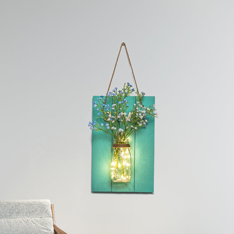Blue Wood Backplate Modern Glass Jar Wall Light with Floral String - Ideal for Cafe Restaurant Ambiance!