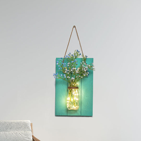 Blue Wood Backplate Modern Glass Jar Wall Light with Floral String - Ideal for Cafe Restaurant Ambiance!
