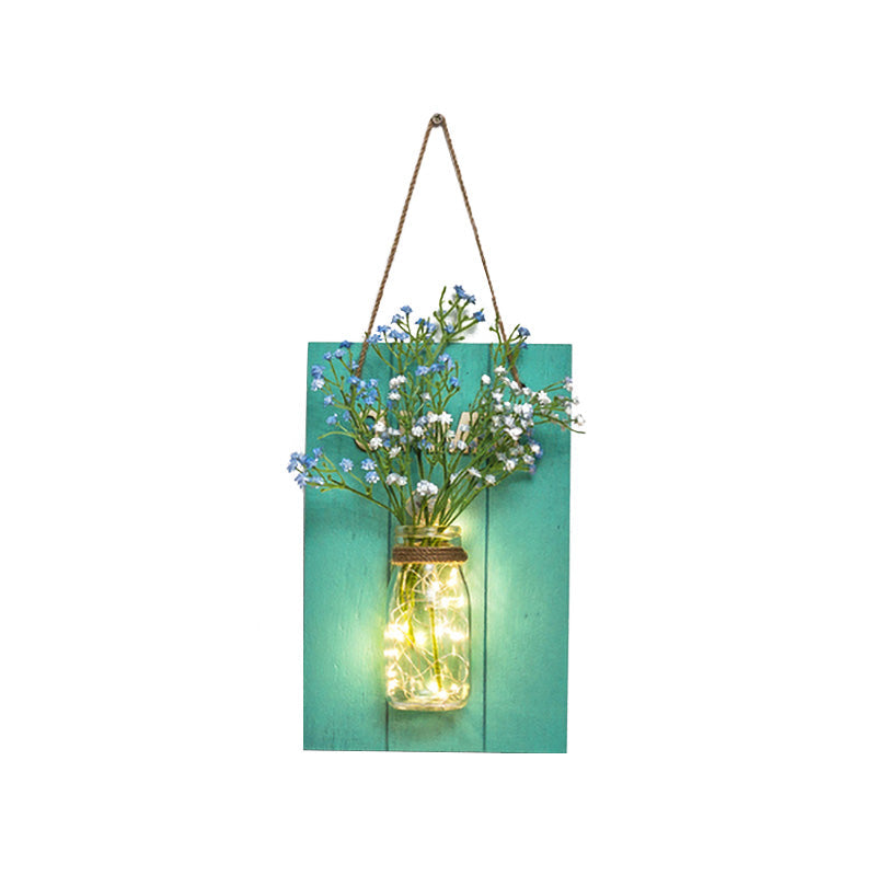 Blue Wood Backplate Modern Glass Jar Wall Light with Floral String - Ideal for Cafe Restaurant Ambiance!