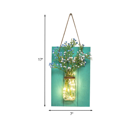 Blue Wood Backplate Modern Glass Jar Wall Light with Floral String - Ideal for Cafe Restaurant Ambiance!